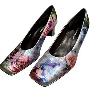 Unique custom foil pastel floral leather block heels size 8.5